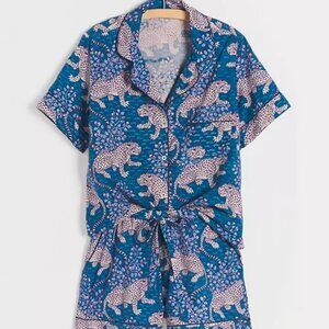 Printfresh Women's Medium Bagheera Blue Leopard Cotton Pajama Set Button Down